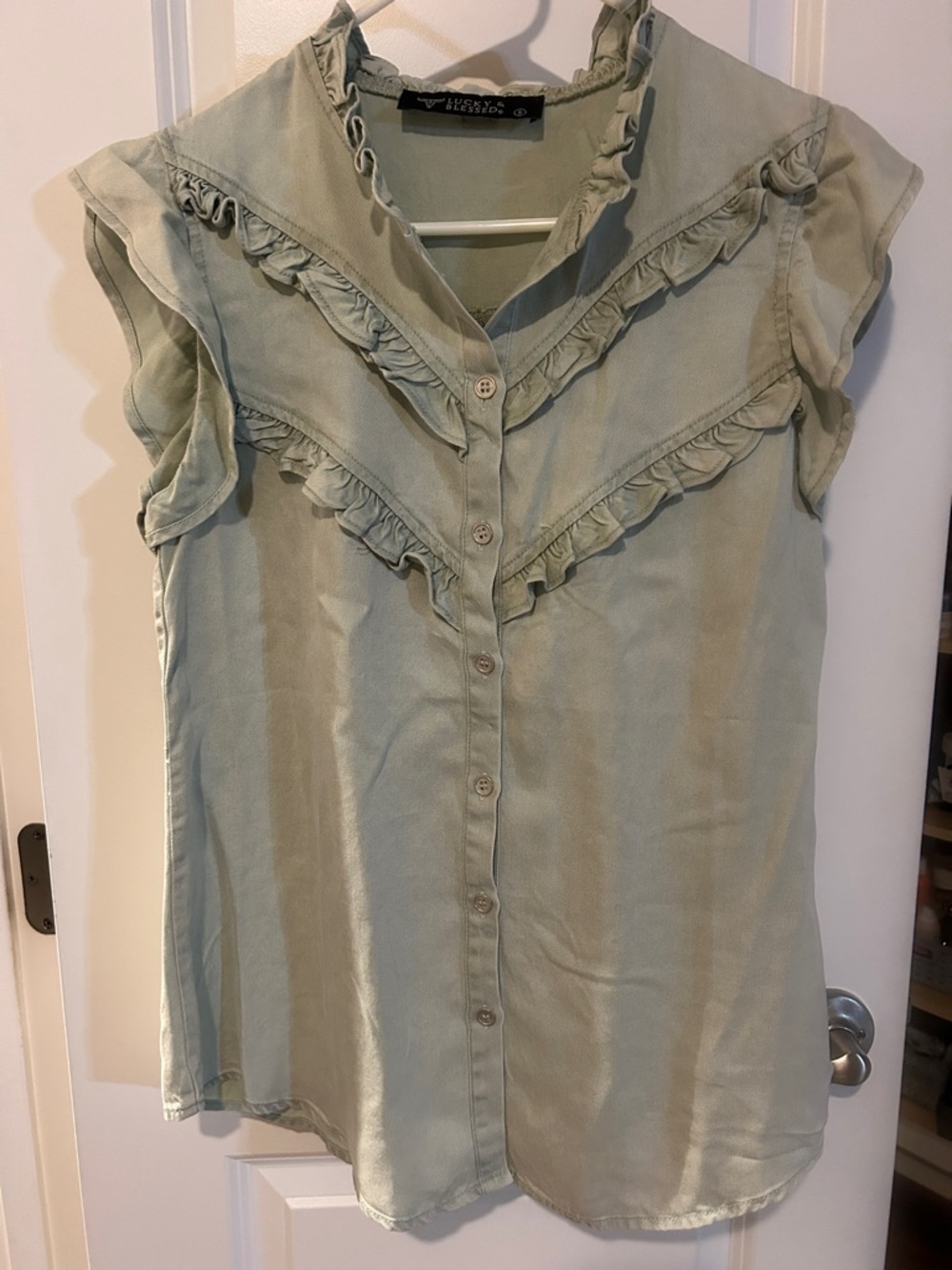 Lucky & Blessed Sage Green Ruffle-Trim Button Front Blouse